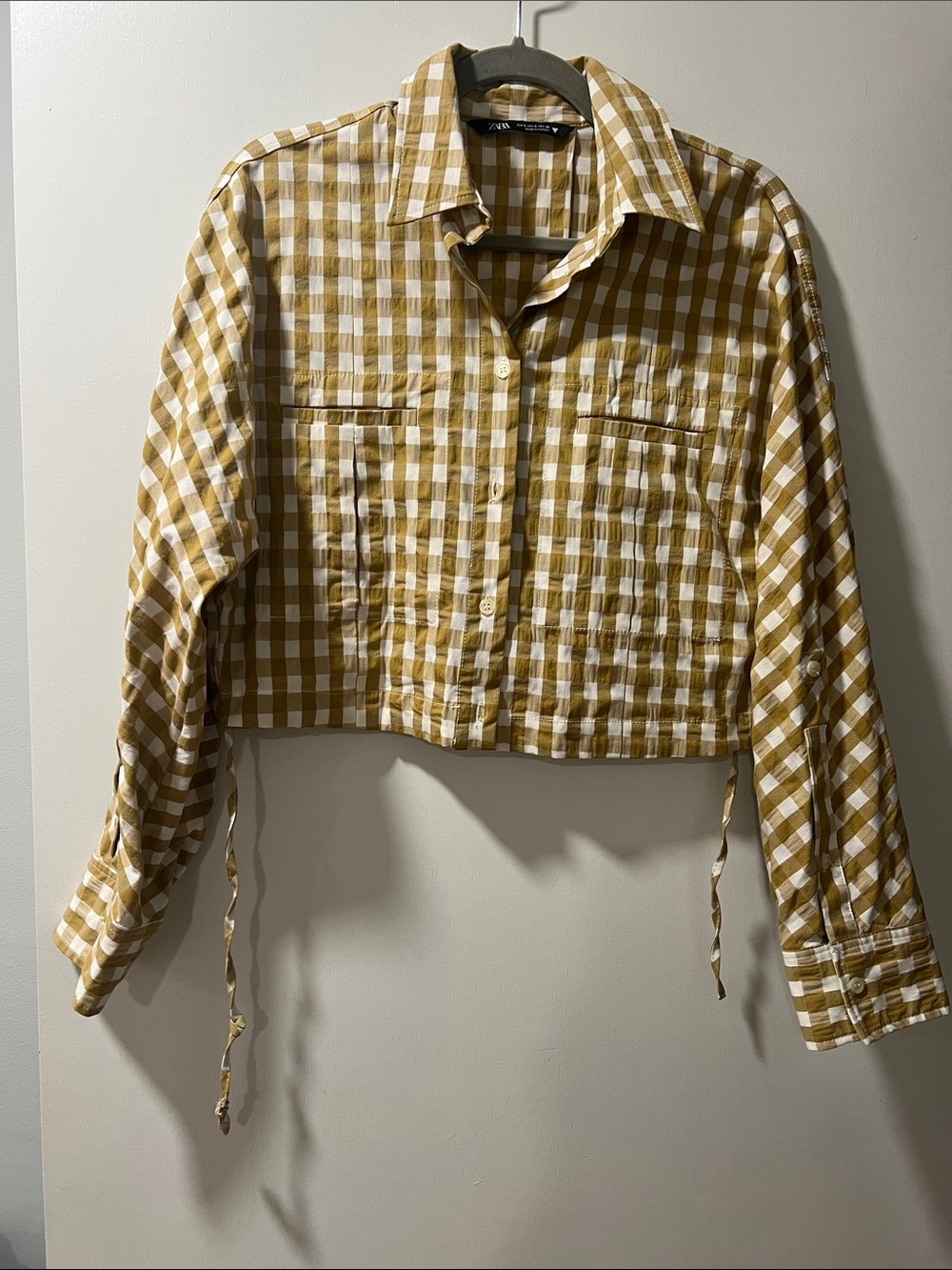 Zara Mustard and White Gingham Cropped Button-Up Shirt